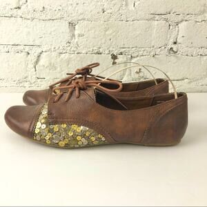 Vintage Not Rated Y2K Brown Tie Flats With Gold/Silver Sequins